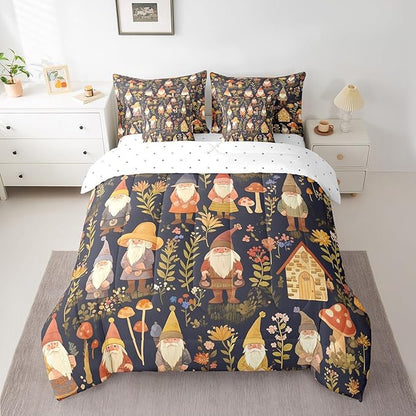 Retro Farmhouse Gnome Comforter Set 7 Pieces,Jungle Botanical Flowers Leaves Bed Set,Rustic Style Bedding Bed in a Bag,King (1 Comforter,2 Pillowcase,2 Pillow Covers,1 Flat Sheet,1 Fitted Sheet)