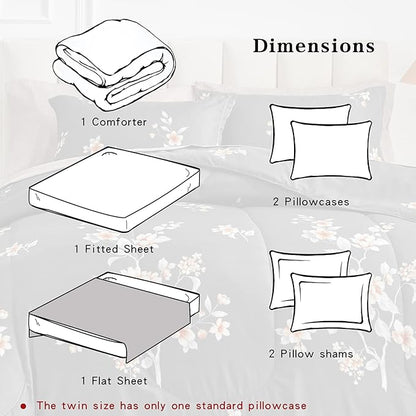 7 Pieces Bed in a Bag Queen Comforter Set with Sheets, Dark Grey Floral Design, Soft Microfiber Bedding Sets for All Season (1 Comforter, 2 Pillow Shams, 1 Flat Sheet, 1 Fitted Sheet, 2 Pillowcases)