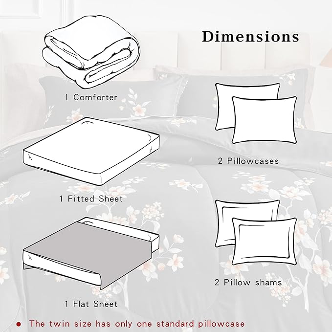 7 Pieces Bed in a Bag King Comforter Set with Sheets, Dark Grey Floral Design, Soft Microfiber Bedding Sets for All Season (1 Comforter, 2 Pillow Shams, 1 Flat Sheet, 1 Fitted Sheet, 2 Pillowcases)