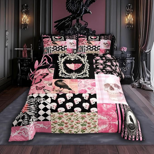 Halloween Crow Comforter Set Queen Size,Suger Skull Rose Flowers Spider Print Bedding Set,Patchwork Pink Black Grid Striped Quilt Set,Gothic Boho Duvet Insert Kids Girls Teens Halloween Decor