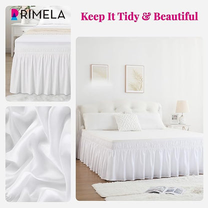 RIMELA White Bed Skirt King Size 15 Inch Drop, Elastic Bed Skirting for Bed Base and Frame, Bedding Dust Ruffle, Lightweight Wrap Around Adjustable Bedskirt, Cal King