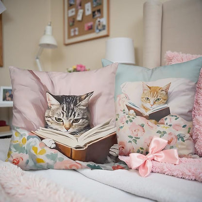 Funny Cat Reader Book Pillow Cover 18 x 18 Set of 2, Reading Nook Corner Decor, Gifts for Book Lovers, Preppy Floral Black Orange Tabby Tuxedo Cats Bookish Pillowcase（01）