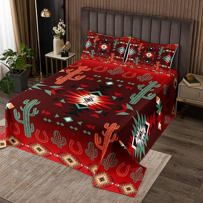 Geometric Aztec Bedspread King Size,Western Cowboy Cactus Horseshoe Rustic Coverlet Set,Boys Girls Room Decor,Southwest Tribal Cabin Quilted Coverlet,Farmhouse Retro Bedding Quilt,2 Pillowcases