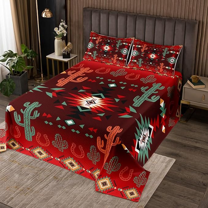 Manfei Geometric Aztec Bedspread Twin Size,Western Cowboy Cactus Horseshoe Rustic Coverlet Set,Boys Girls Room Decor,Southwest Tribal Cabin Quilted Coverlet,Farmhouse Retro Bedding Quilt,1 Pillowcase