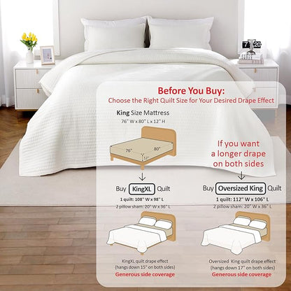 XL King Quilt Set – 108"x98" Soft Washed 3-Layer Lightweight Bedspread with Multi-Lock Quilting, Minimalist Nordic Bedding, All-Season Quilt for Spring & Summer (1 Quilt + 2 Pillow Shams),Cream White