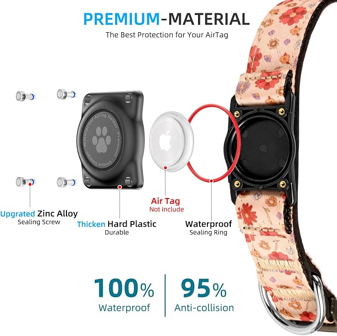 Upgrade Dog Collar with AirTag Holder, IP68 Waterproof, Peach Blossom, XL | Built-in Water Resistant AirTag holder, 1000D Nylon, Reflective Stitching for Night Visibility, Soft padding for Comfort