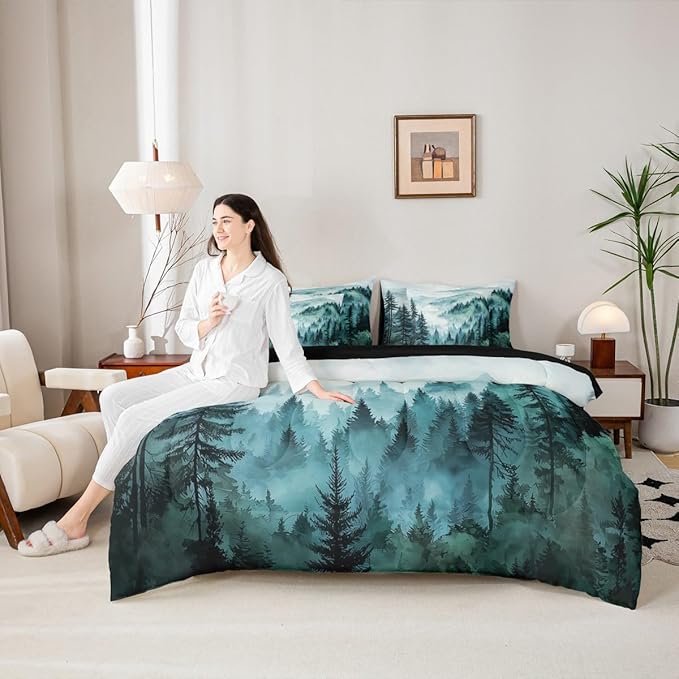 Erosebridal Green Teal Misty Forest Full Comforter Set with Sheets 7 Piece Mountain Foggy Woodland Bed in A Bag Rustic Pine Tree Bedding Sets for Kids Adults,Watercolor Nature Theme Bed Set