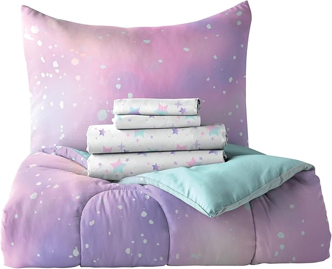 Dream Factory Kids 7-Piece Complete Bed Set Easy-Wash Super Soft Microfiber Comforter Bedding, Full, Pink Twilight Galaxy Stars