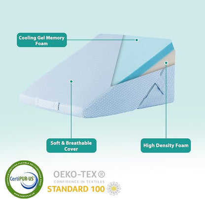 Wedge Pillow for Sleeping, Adjustable 9&12 Inch Foldable Bed Wedge Pillow Set, Orthopedic Memory Foam Triangle Pillows Wedge, 7-in-1 Elevated Pillows for Leg and Back Support, Light Blue