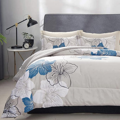 Menghomeus Floral Comforter Set King Blue Flower Pattern Printed on Grey, Soft Microfiber Bedding Lightweight Boho Bed Set for All Season (1 Comforter, 2 Pillowcases)