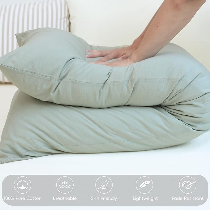 MooMee Body Pillow Cover Pillowcase with Zipper 100% Washed Cotton Linen Like Textured Breathable Durable Soft Comfy (Sage Green, 21”x54”, 1PC)