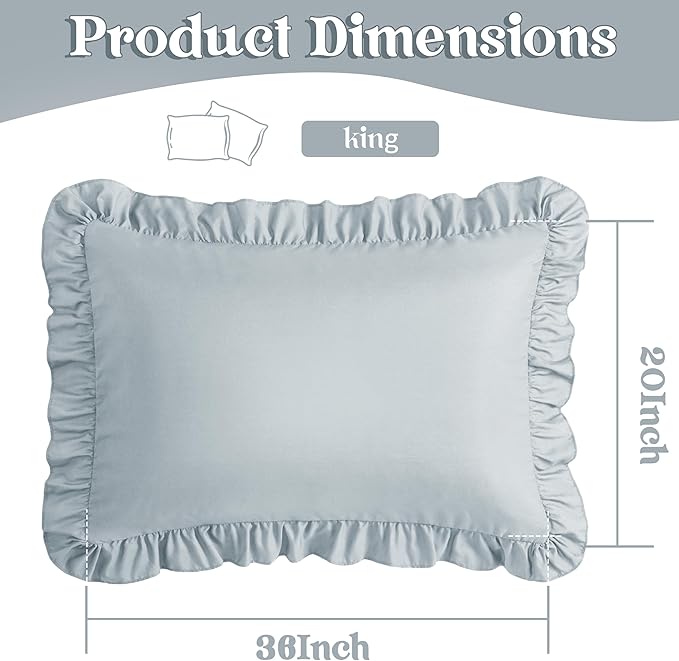 KKJIAF Ruffle Pillow Cases King Size Set of 2, Ruffled Pillow Covers with Envelope Closure, Wrinkle Resistant Ruffled Pillow Shams 20" x 36", Dusty Blue