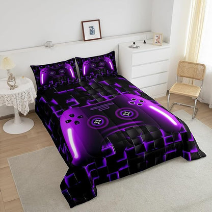 Gaming King Size Bedding Sets For Kids Boys Teen Girls Game Controller Comforter Set 3Pcs Gamer Bedding For All Season,Purple And Black Geometric Checkered Quilt Set For Young Men,Soft Lightweight