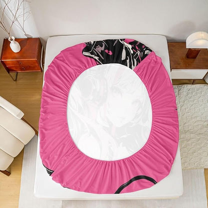 Pink Anime Girls Bedding Set Cartoon Japanes-Style Fitted Sheet Full, Graffiti Street Culture Bed Sheets for Kids Teens Youth Watercolor Hippie Style Sheets 3Pcs, No Top Sheet