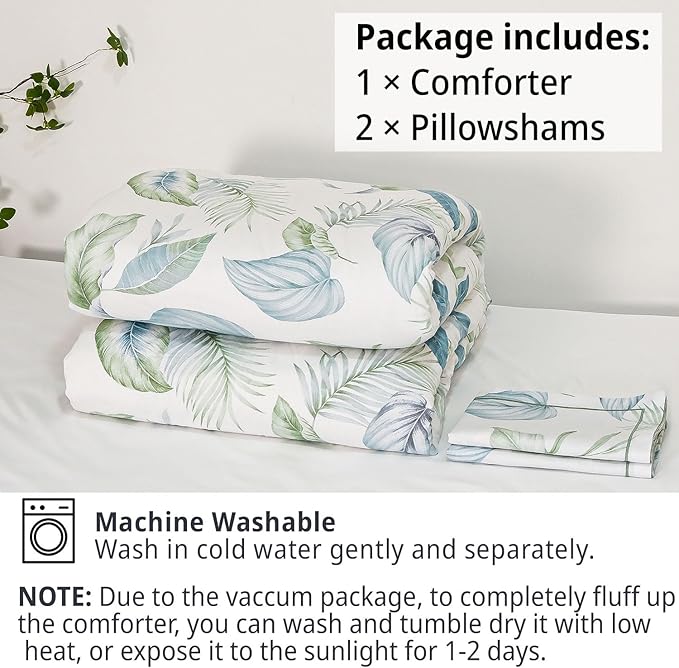 Botanical Cotton Comforter Queen Size - Sage Green Comforter Printed with Leaves & Ferns on White,Reversible Lightweight Bedding Sets 3Pcs(Leaves,90"×90")