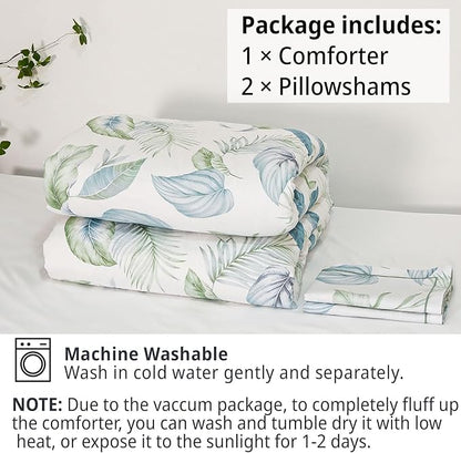 Botanical Cotton Comforter Queen Size - Sage Green Comforter Printed with Leaves & Ferns on White,Reversible Lightweight Bedding Sets 3Pcs(Leaves,90"×90")