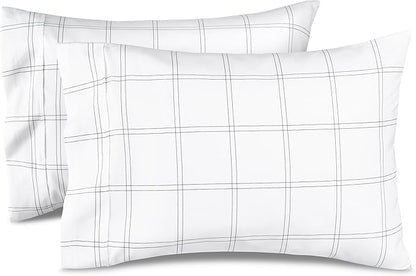 Bare Home Microfiber Pillow Cases - Standard/Queen Size Set of 2 - Cooling Pillowcases - Double Brushed - Pillowcases 2 Pack - Easy Care (Standard, Modern Plaid - White/Grey)