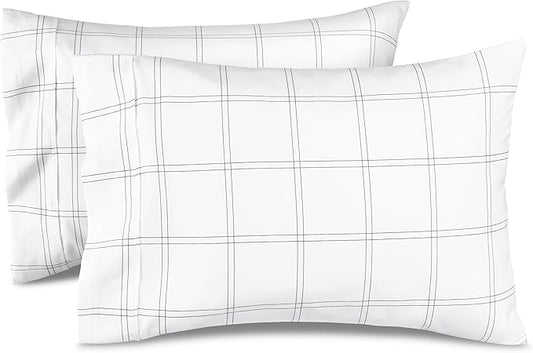 Bare Home Microfiber Pillow Cases - Standard/Queen Size Set of 2 - Cooling Pillowcases - Double Brushed - Pillowcases 2 Pack - Easy Care (Standard, Modern Plaid - White/Grey)