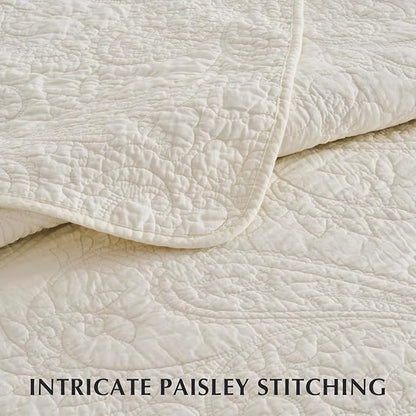 EVERGRACE 100% Cotton Paisley Quilt Set, King Size 3 Piece Set – Prewashed Lightweight Bedspread with 2 Shams, Soft & Breathable Matelasse Coverlet for All-Season Comfort, Ivory Cream