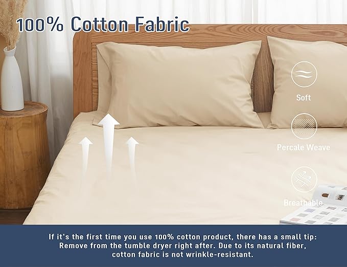 Pillow Cases, King Size Cotton Percale Weave Pillowcases, Pre-Shrunk Breathable and Hypoallergenic Pillowcases, Set of 2 (2 Piece King 20 Inch x 40 Inch, Sandshell)