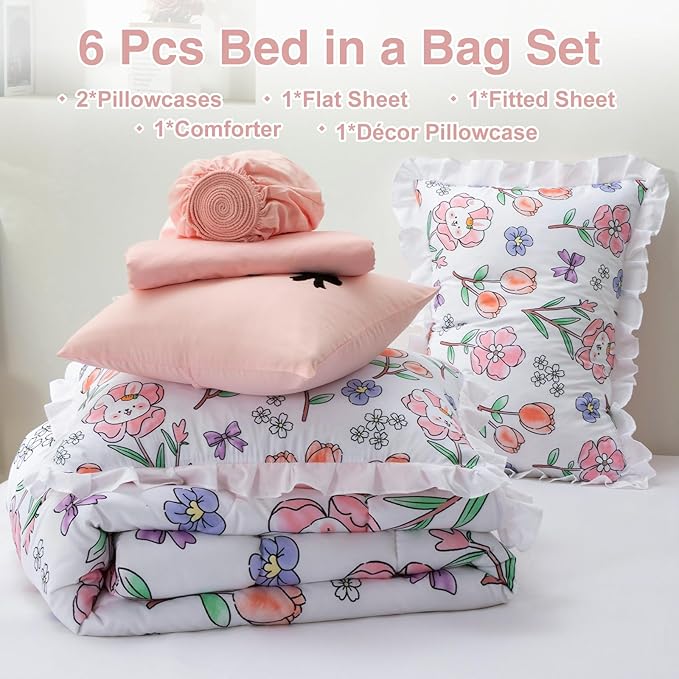 A Nice Night 6 Piece Comforter Set Bed in a Bag with Comforter & Sheet Set,Chic Cute Rabbits Bow Printed Bedding Sets,Princess Ruffle Bedding for Kids Girls,Full
