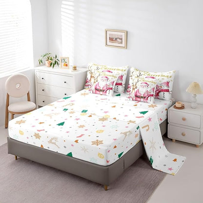 Castle Fairy Cute Santa Claus 7 Pieces Bedding Set King Bed in a Bag,Winter Snowman Deer Watercolor Christmas Theme Comforter Set,Geometric Snowflakes Gold Print Soft Warm Microfiber Bedding