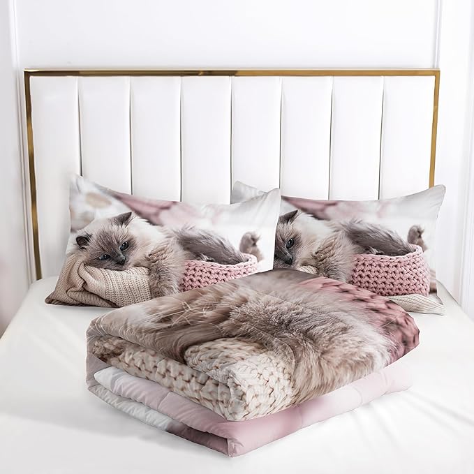 Queen Cat Comforter Set for Girls, Kawaii Queen Size Bedding, Cute Comforter Set for Teen Girls, Cat Room Decor