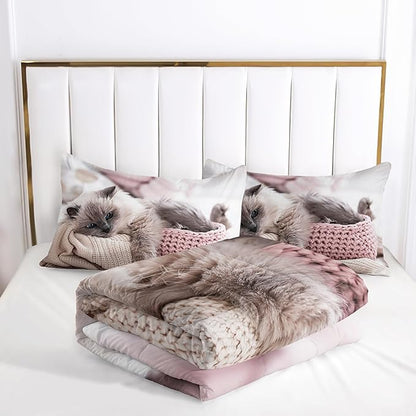 Queen Cat Comforter Set for Girls, Kawaii Queen Size Bedding, Cute Comforter Set for Teen Girls, Cat Room Decor