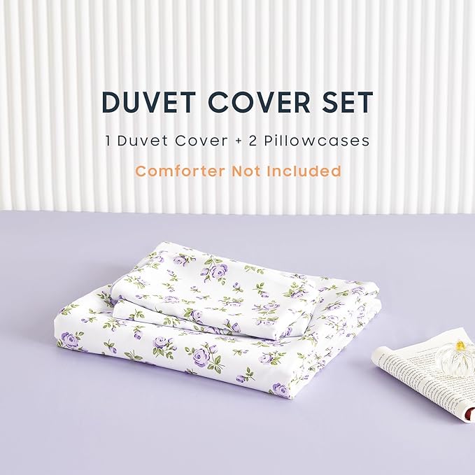 Wake In Cloud - Coquette Duvet Cover Set, Floral Cottagecore Flower Shabby Chic Cute Aesthetic, Soft Lightweight Bedding for Women Teen Girls, 3-Piece, White Purple, Twin/Twin XL Size