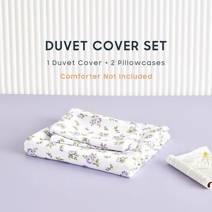 Wake In Cloud - Coquette Duvet Cover Set, Floral Cottagecore Flower Shabby Chic Cute Aesthetic, Soft Lightweight Bedding for Women Teen Girls, 3-Piece, White Purple, Full Size