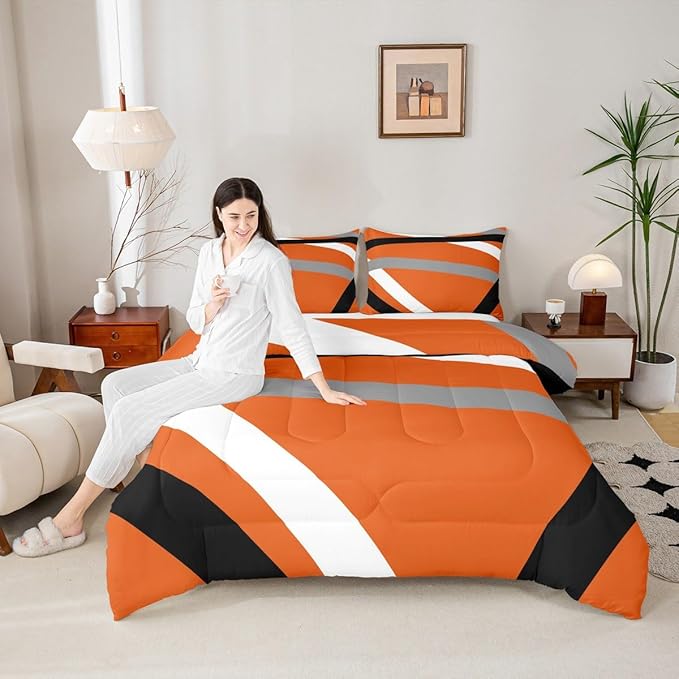 Erosebridal Orange Gray Black Striped Queen Comforter Set for Adult Women Men Modern Abstract Bedding Set Geometric Lines Bed Set Aesthetic Boho Quilt Set