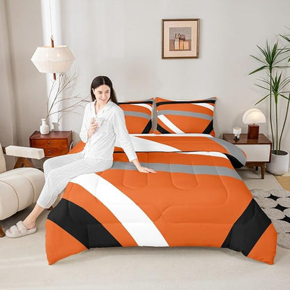 Erosebridal Orange Gray Black Striped Queen Comforter Set for Adult Women Men Modern Abstract Bedding Set Geometric Lines Bed Set Aesthetic Boho Quilt Set