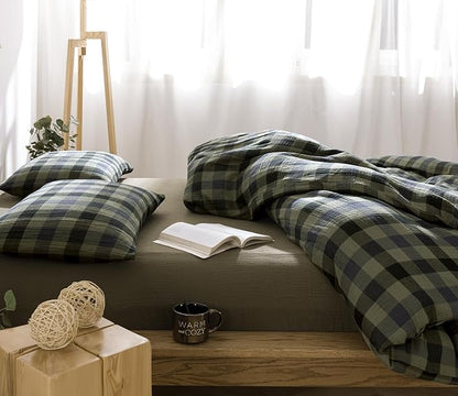 VM VOUGEMARKET Cotton Muslin Duvet Cover Queen Amy Green Plaid Bedding Set Soft Breathable Linen Like Gauze Comforter Cover with Zipper Closure for Teen Men,90"x90"