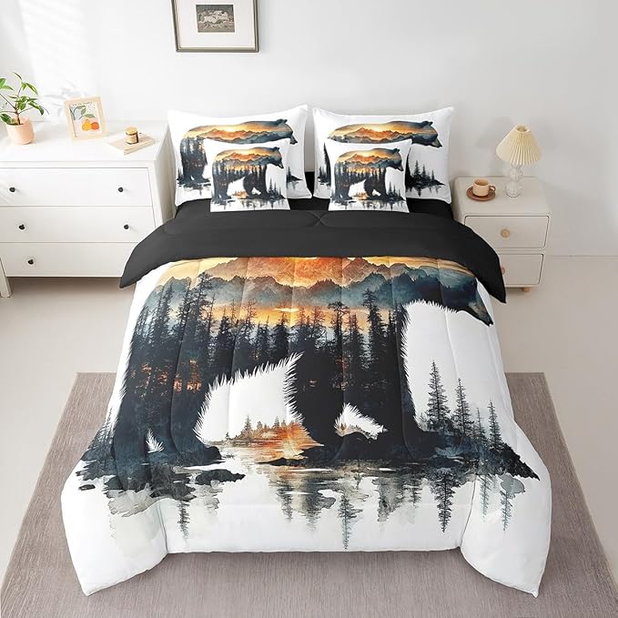 Feelyou Bear Comforter Set 7 Pieces Queen Size Rustic Cabin Country Bedding Set for Boys Girls Nature Wildlife Bed in a Bag with Comforter, Sheets, Pillowcases & Cushion Covers