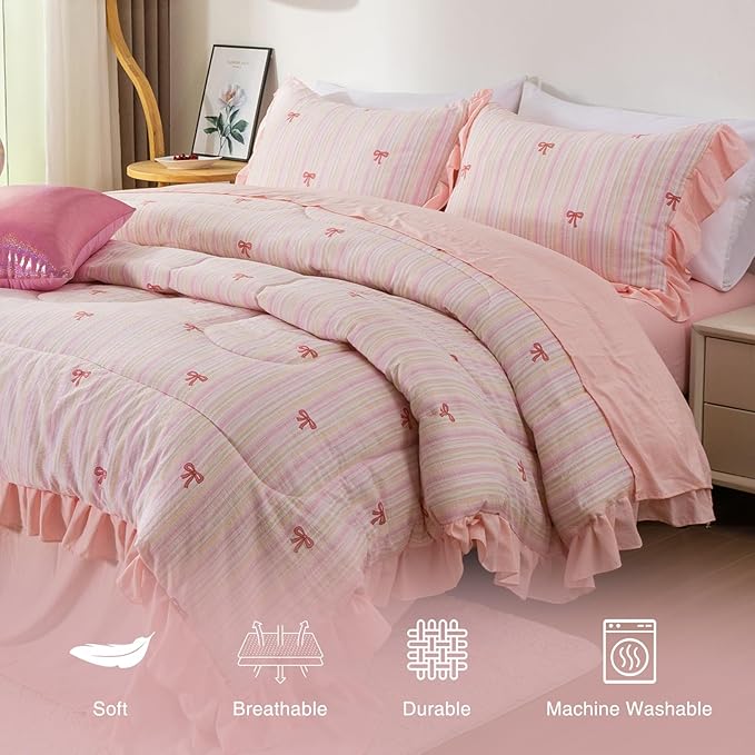 A Nice Night Rainbow Stripes & Bows Bedding Set,Ruffle 6 Piece Bed in a Bag Matching Sheet Set,Princess Style Chic Bow Printed,Light Pink Room Decor for Girls,Full