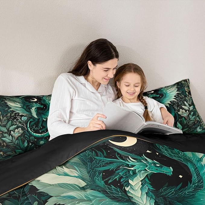 Feelyou Dragon Comforter Set All Season Dragon Stuff Bedding Set with 2 Pillow Cases Wild Life Kids Queen Bedclothes Magic Wildlife Bedroom Decor Greenish Duvet Quilt Breathable Soft