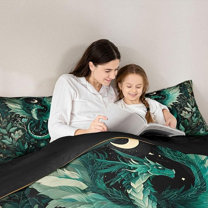 Feelyou Dragon Comforter Set All Season Dragon Stuff Bedding Set with 2 Pillow Cases Wild Life Kids Queen Bedclothes Magic Wildlife Bedroom Decor Greenish Duvet Quilt Breathable Soft