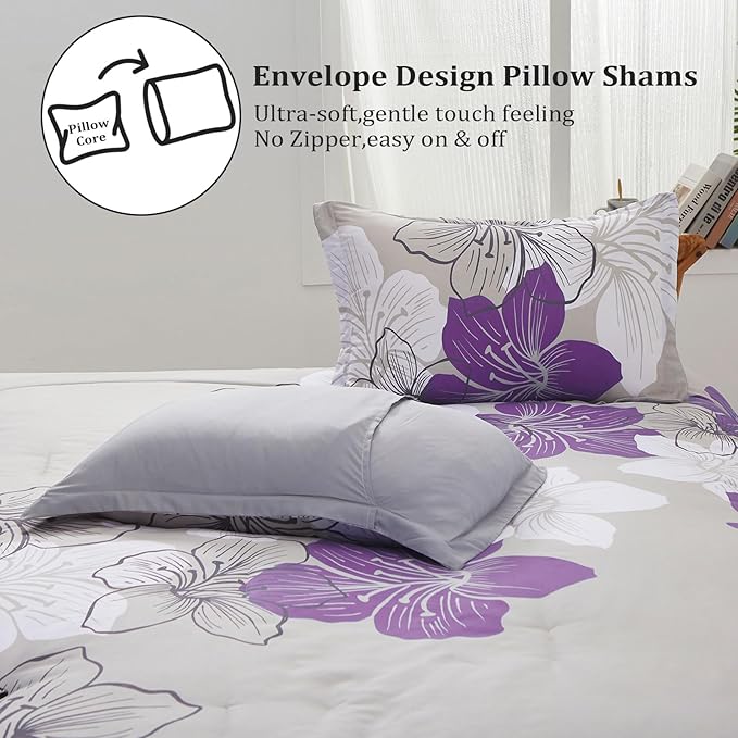 Menghomeus California King Comforter Set Purple Floral Pattern Printed on Grey Cal King Bedding Set Soft Microfiber Bed Comforter Set for All Season