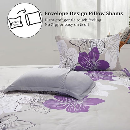 Menghomeus California King Comforter Set Purple Floral Pattern Printed on Grey Cal King Bedding Set Soft Microfiber Bed Comforter Set for All Season