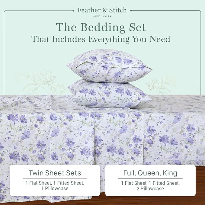Feather & Stitch Softest 100% Cotton Sheets, 300 Thread Count Percale Weave Bedding, 16" Deep Pocket, Cooling Sheets, Breathable Bed Set, Hotel Premium Quality (Twin, Violet Breeze)
