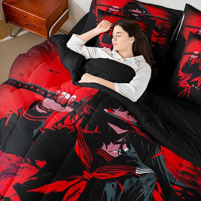 Erosebridal Japanese Anime Bedding Set 7 Piece for Kids, Anime Girl Comforter Sets Queen Size Japanese Girl Sheet Set for Girls Teens Adult, Kawaii Animation Red Black Bed in A Bag, Machine Washable