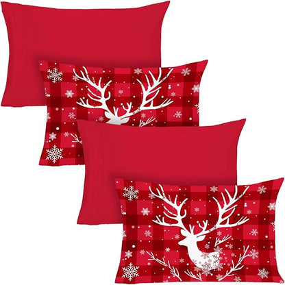 YIYEA Christmas King Size Pillow Cases Set of 4, Ultra Soft Double Brushed Microfiber Red Pillowcases and Christmas Pillow Covers, Envelope Closure, Fade Resistant (20"x36")