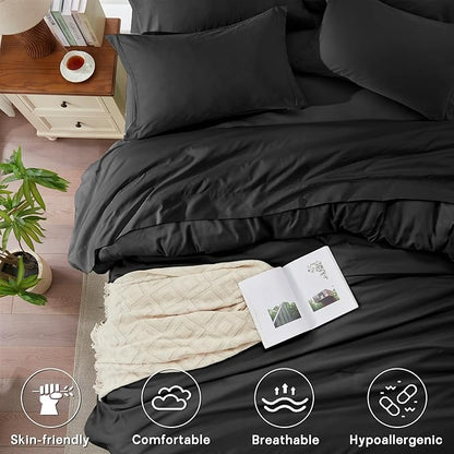 Anluoer King Size Comforter Set - 7 Pieces Bedding Sets King, Bed in a Bag Black Bed Set with 1 Comforter, 2 Pillow Shams, 2 Pillowcases, 1 Flat Sheet, 1 Fitted Sheet