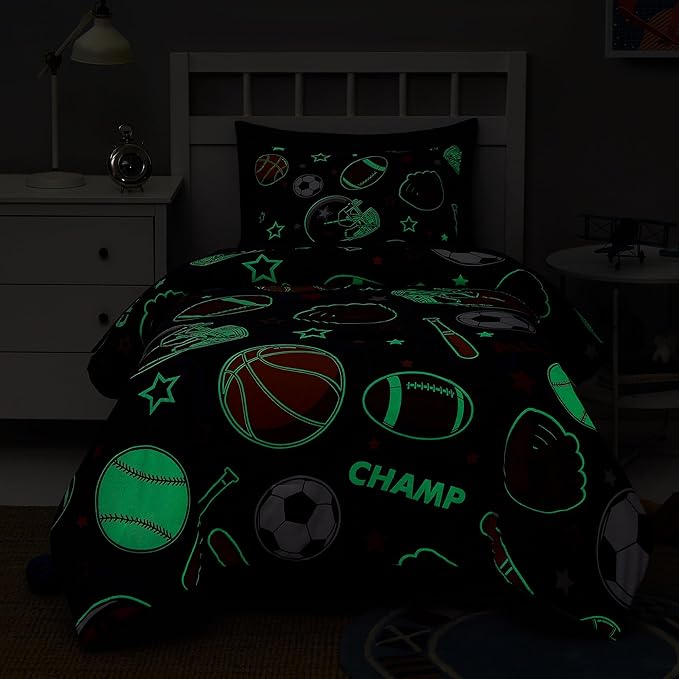 Twin Kids Comforter Set - 5 Pieces Twin Bedding Sets for Boys Teen, Glow in The Dark Sports Ball Games Bed in A Bag with Sheets