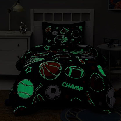 Twin Kids Comforter Set - 5 Pieces Twin Bedding Sets for Boys Teen, Glow in The Dark Sports Ball Games Bed in A Bag with Sheets