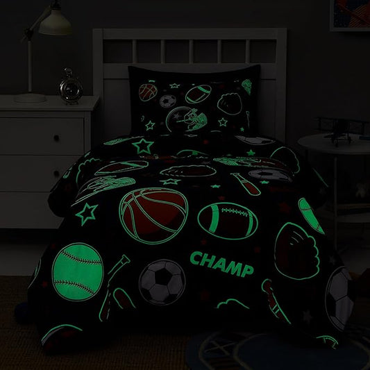 Twin Kids Comforter Set - 5 Pieces Twin Bedding Sets for Boys Teen, Glow in The Dark Sports Ball Games Bed in A Bag with Sheets