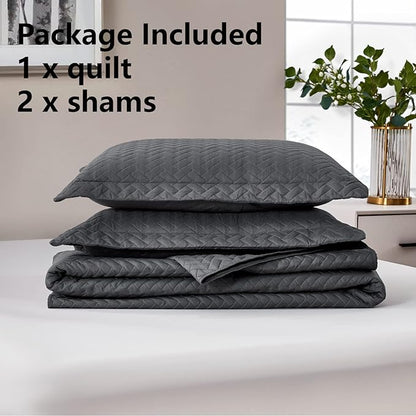 Maple&Stone Quilt Set King Size, Lightweight Charcoal Grey Bedspread Ultrasonic Chevron Pattern Light Coverlet for All Season Comforter Bedding Decor - 3 Piece King Bed Cover Sets