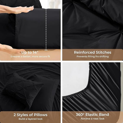 Sasttie King Size Comforter Set, 7-Piece Bed in a Bag, Pintuck Bedding Set for All Season, Includes Comforter, Flat Sheet, Fitted Sheet, Pillowcases and Pillowshams, Black