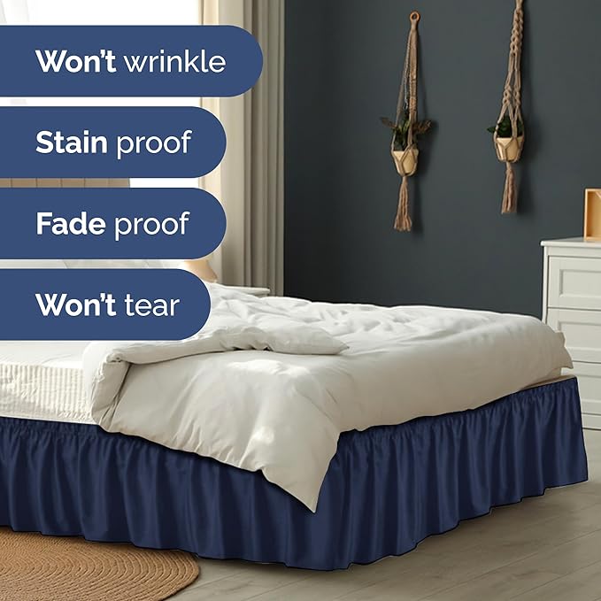 Wrap Around Dust Ruffle Bed Skirt - Navy Blue - Twin/Twin XL Size Beds with 21 Inch Drop - Elastic Strap - Adjustable Pleated Bedskirt with Brushed Fabric and Wrinkle Free - Women, Men, Kids & Teens