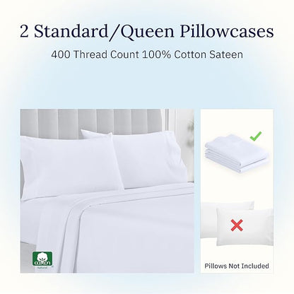 California Design Den Standard Queen Size Pillowcase Set - 400 Thread Count, 100% Cotton Sateen, Set of 2 Pillow Covers, Soft and Breathable - Bright White